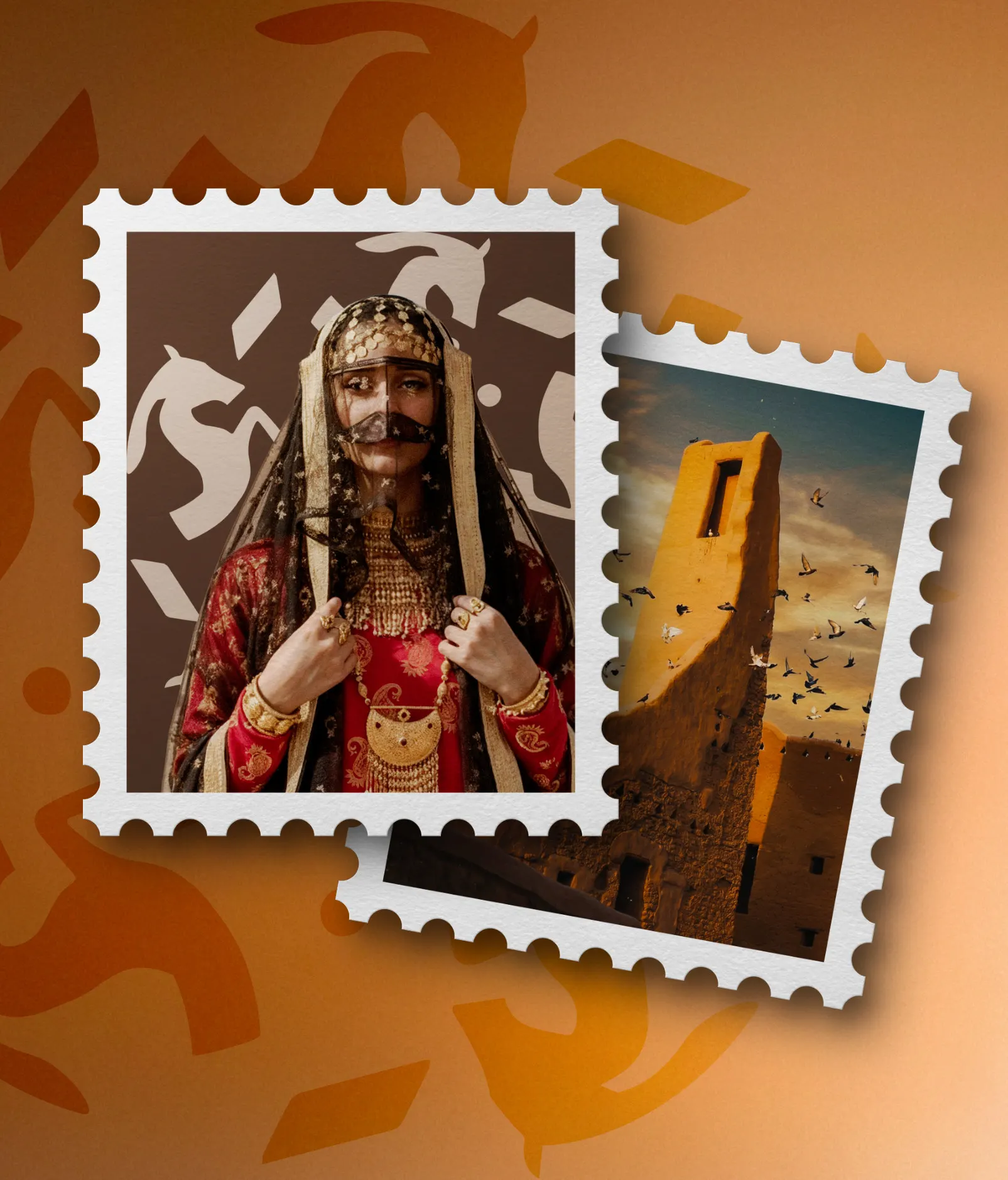 Moodboard collage of heritage portraits in postage stamp frames