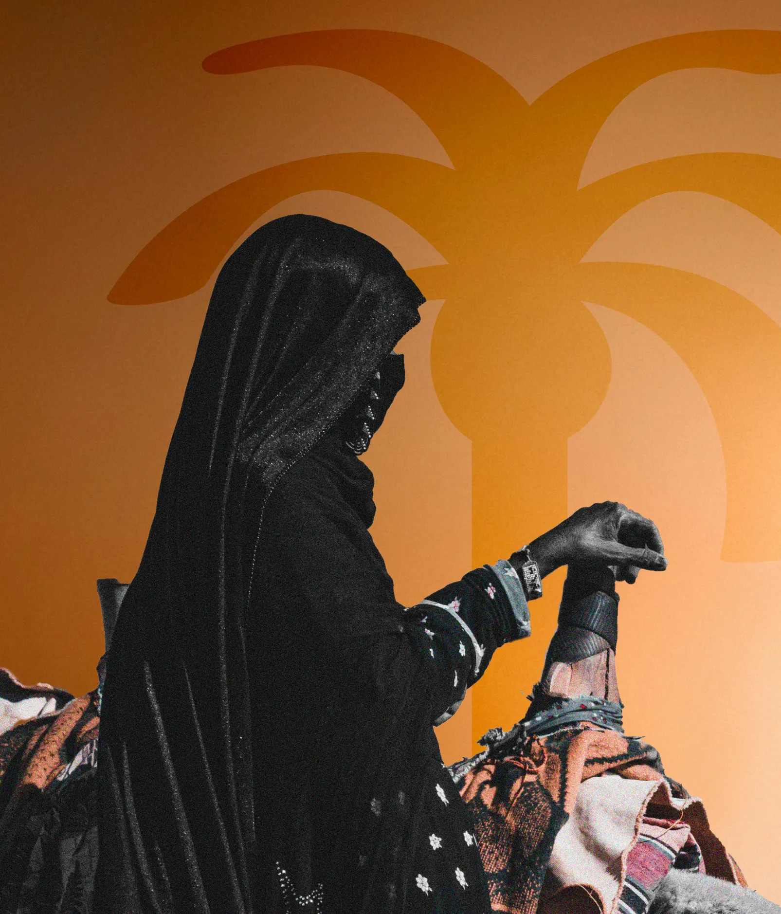Moodboard image of a woman in an abaya holding a traditional puppet against an orange palm pattern