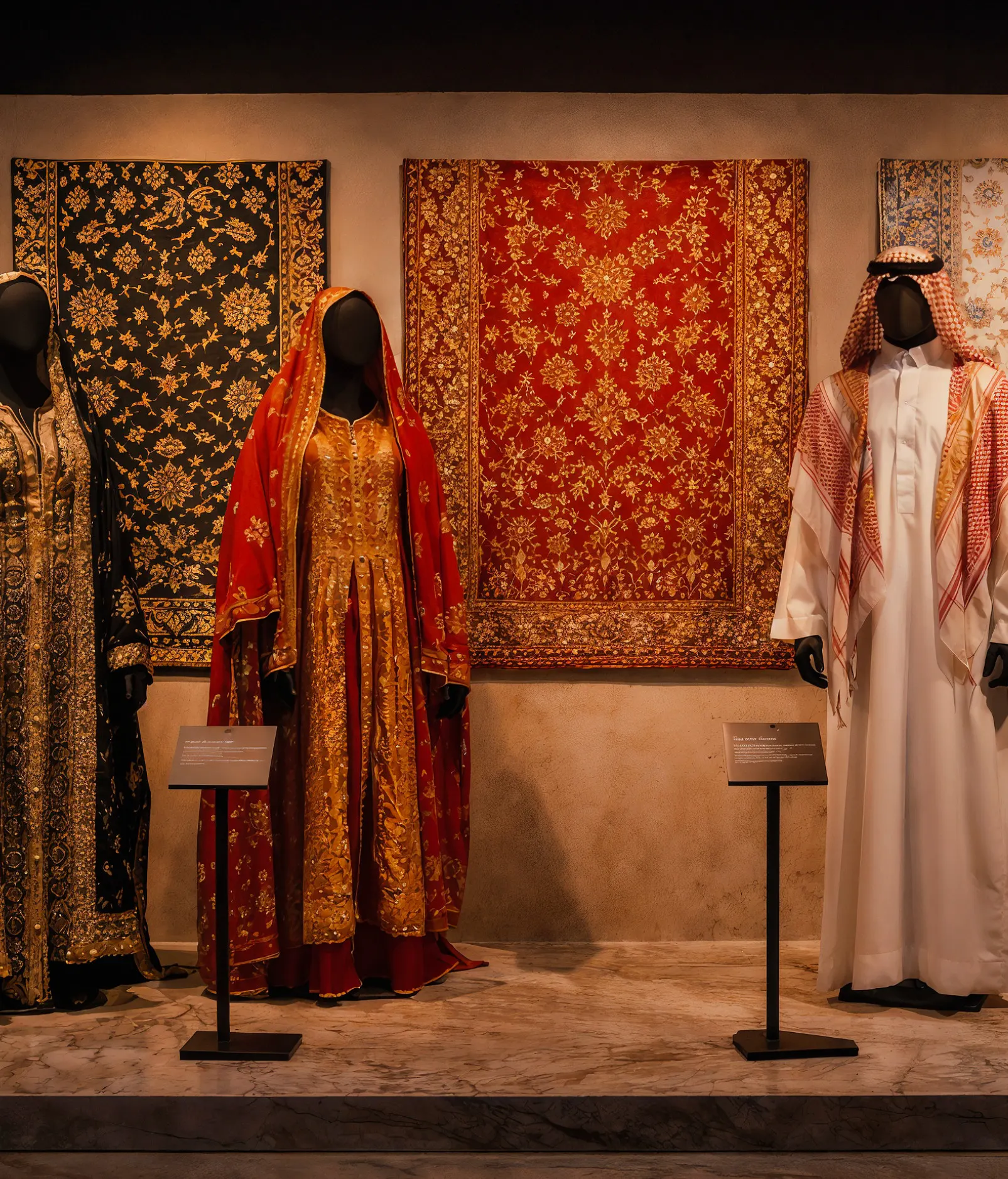 Exhibition booth showing traditional Saudi garments on mannequins before woven textiles
