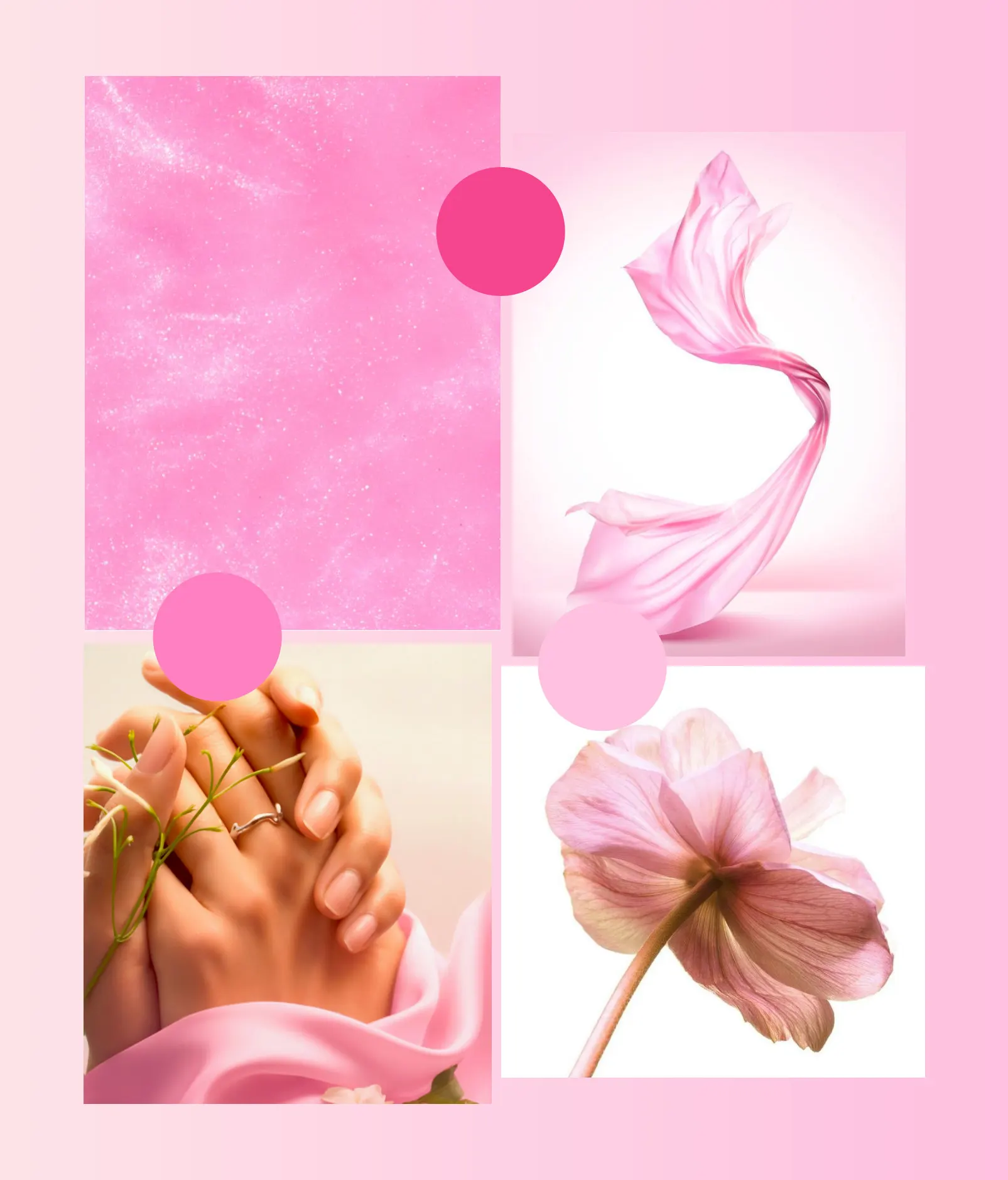 Pink Courage moodboard of pink fabric, hands and flowers