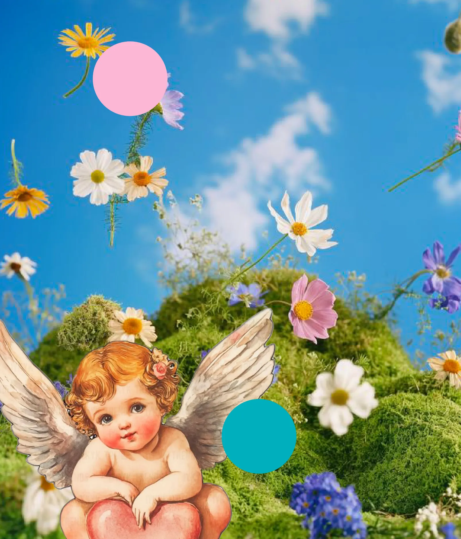 A cherub among flowers on a hill under a blue sky