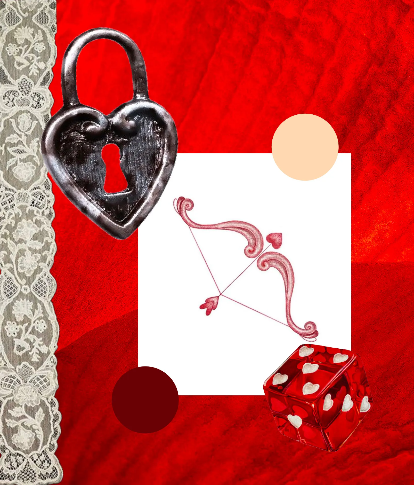 A heart padlock, lace and a cupid’s bow on red