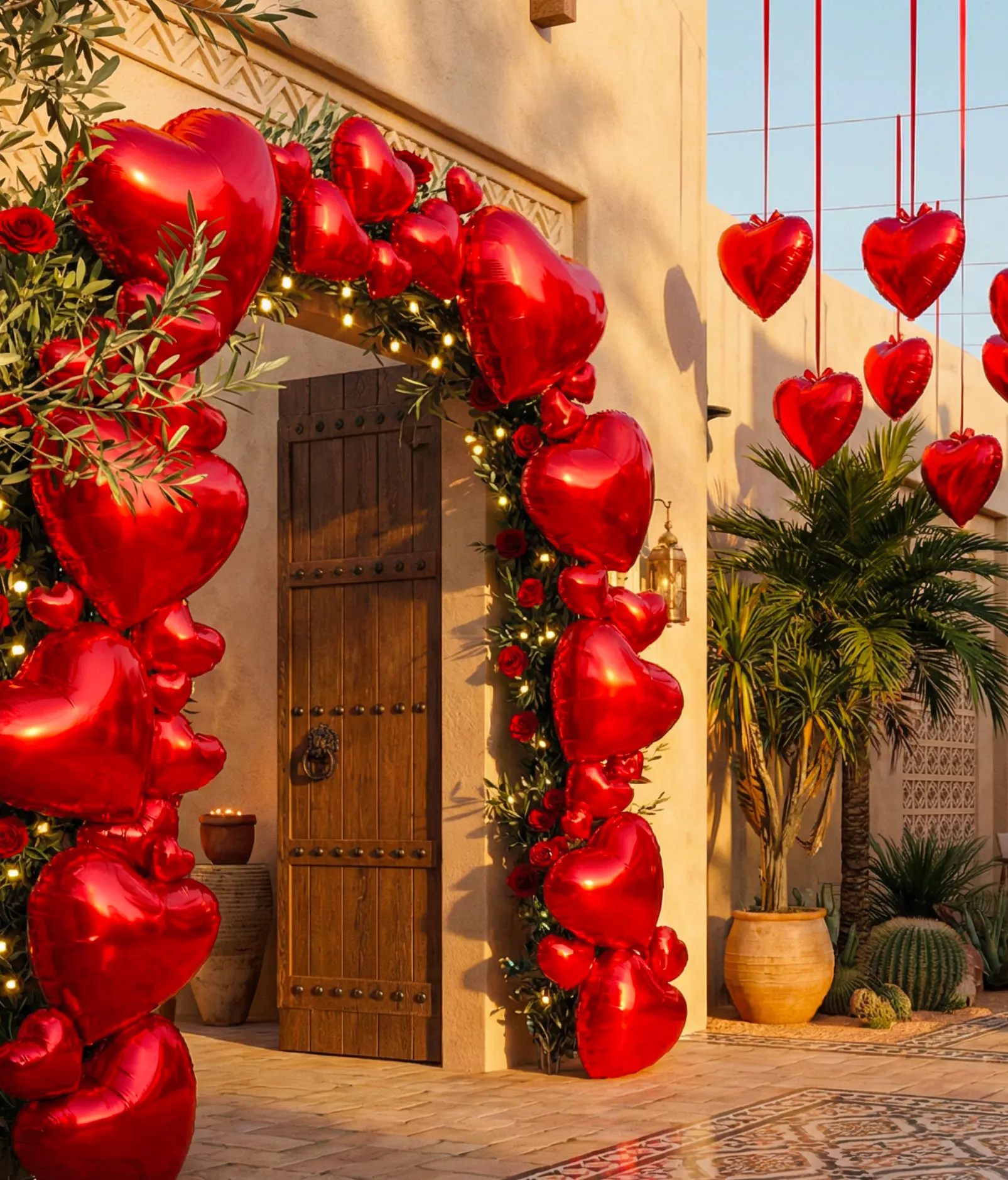 An arch of red heart balloons around a doorway