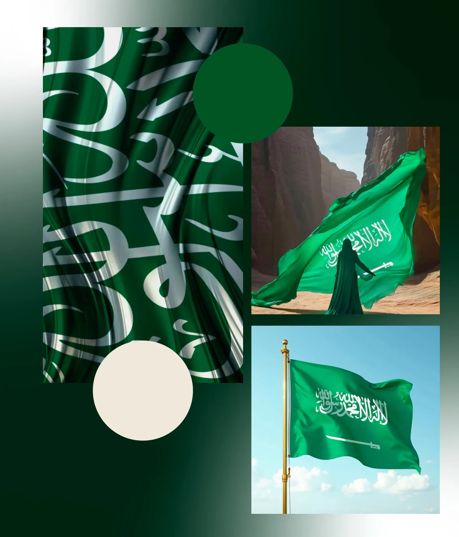 Moodboard of Saudi flags with green and cream circles