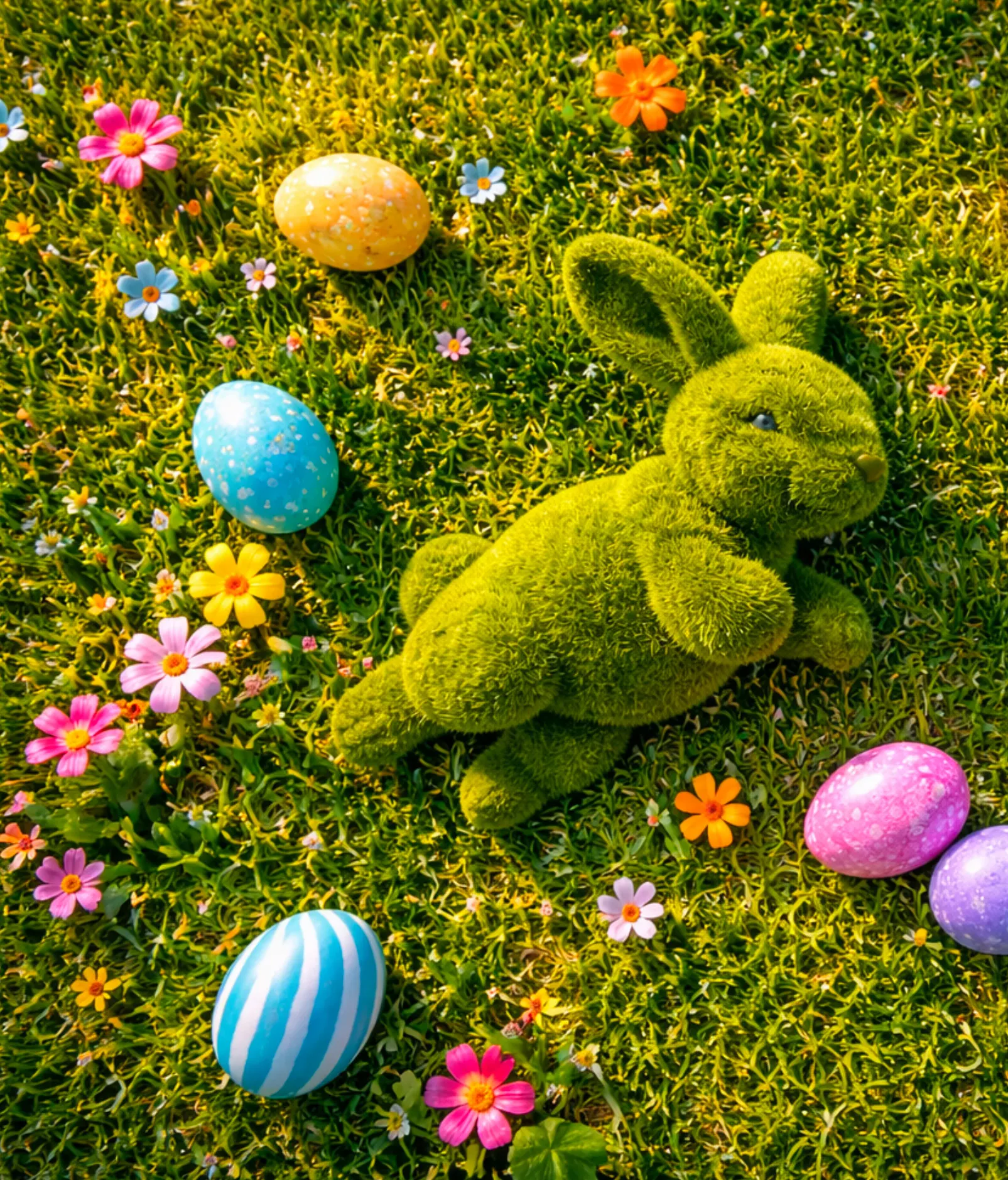 A moss rabbit among painted eggs in grass