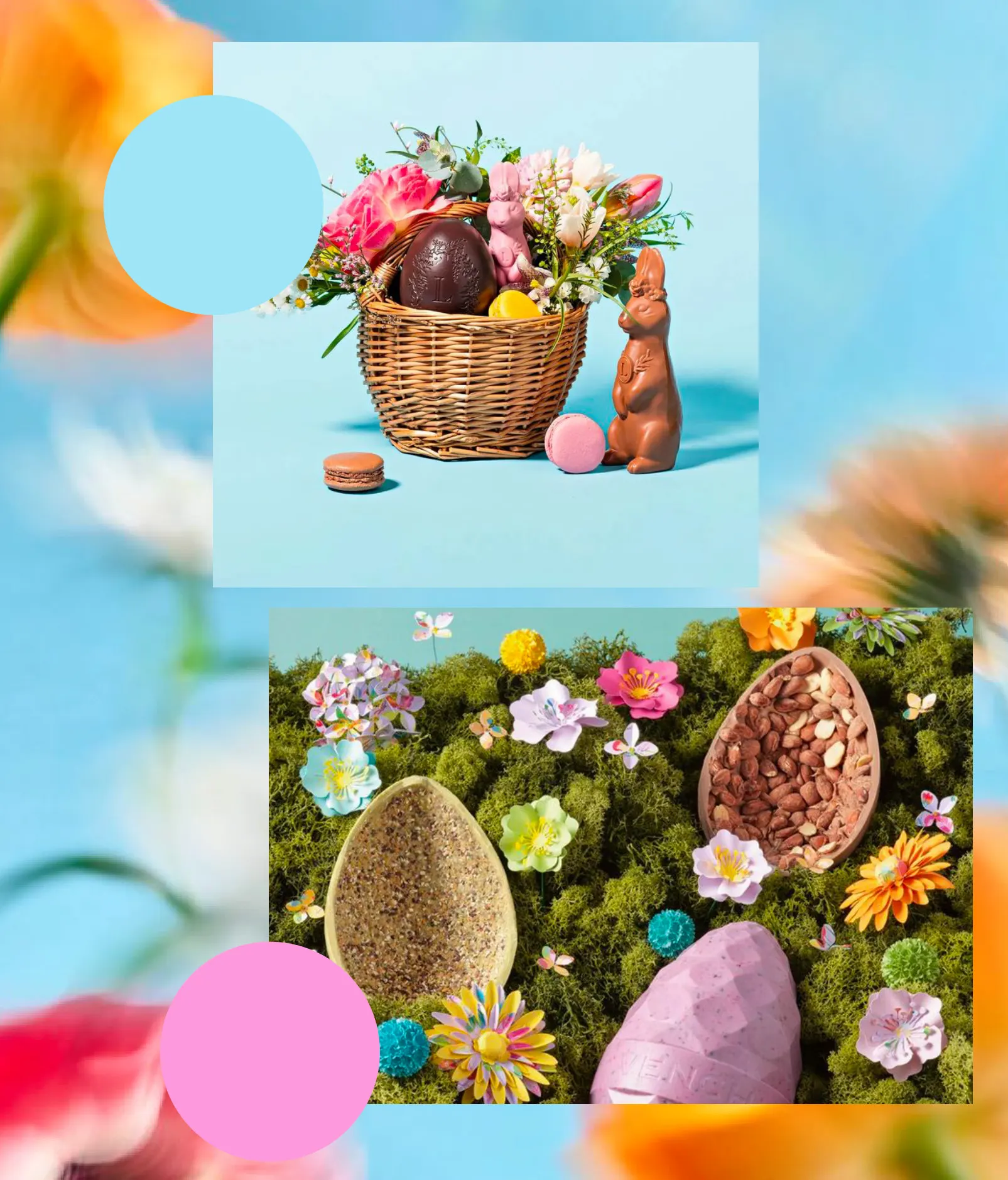 A basket of eggs and chocolate eggs in a pastel collage
