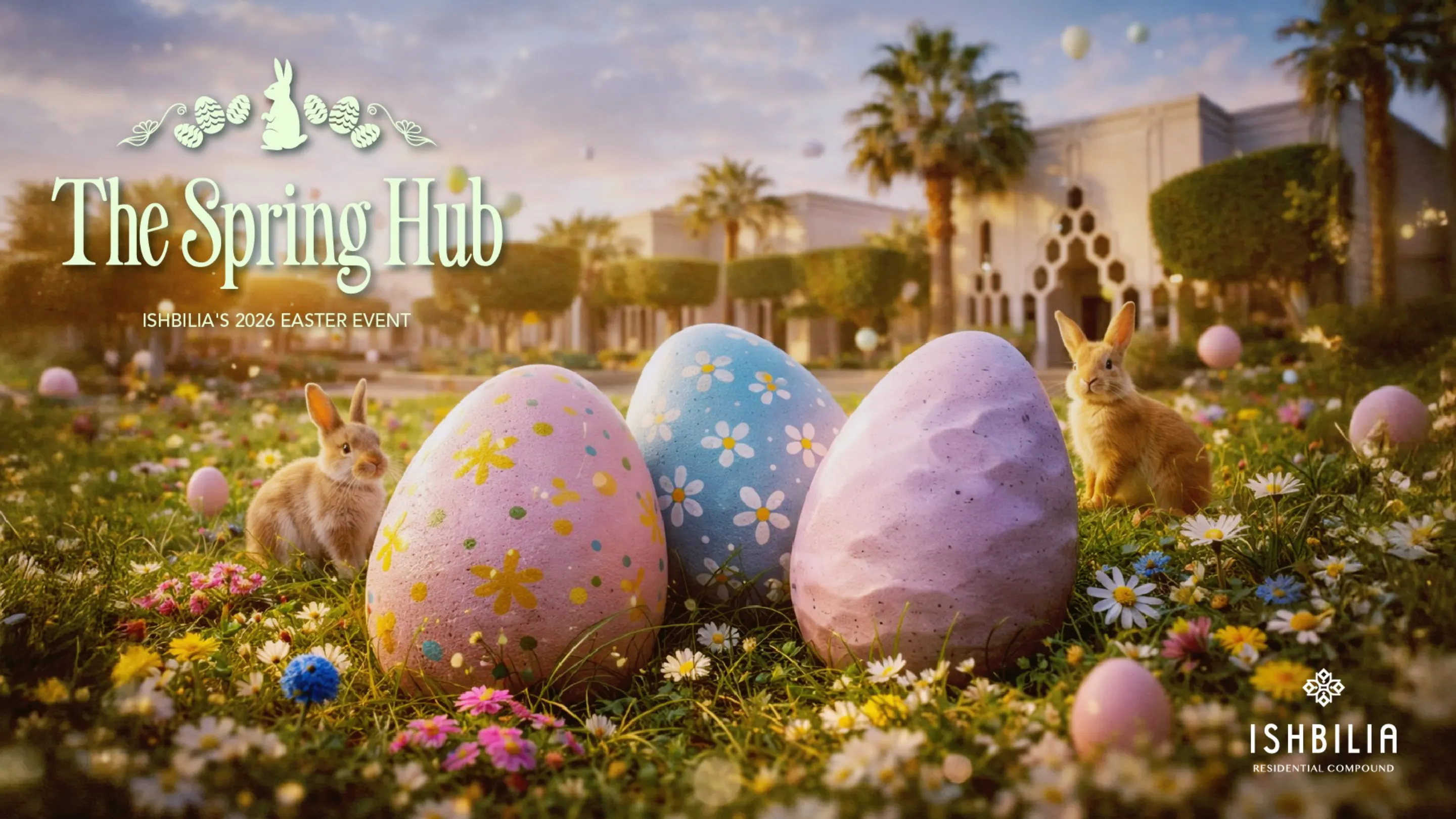 The Spring Hub key visual for Ishbilia’s 2026 Easter event: painted eggs and rabbits in a flower meadow