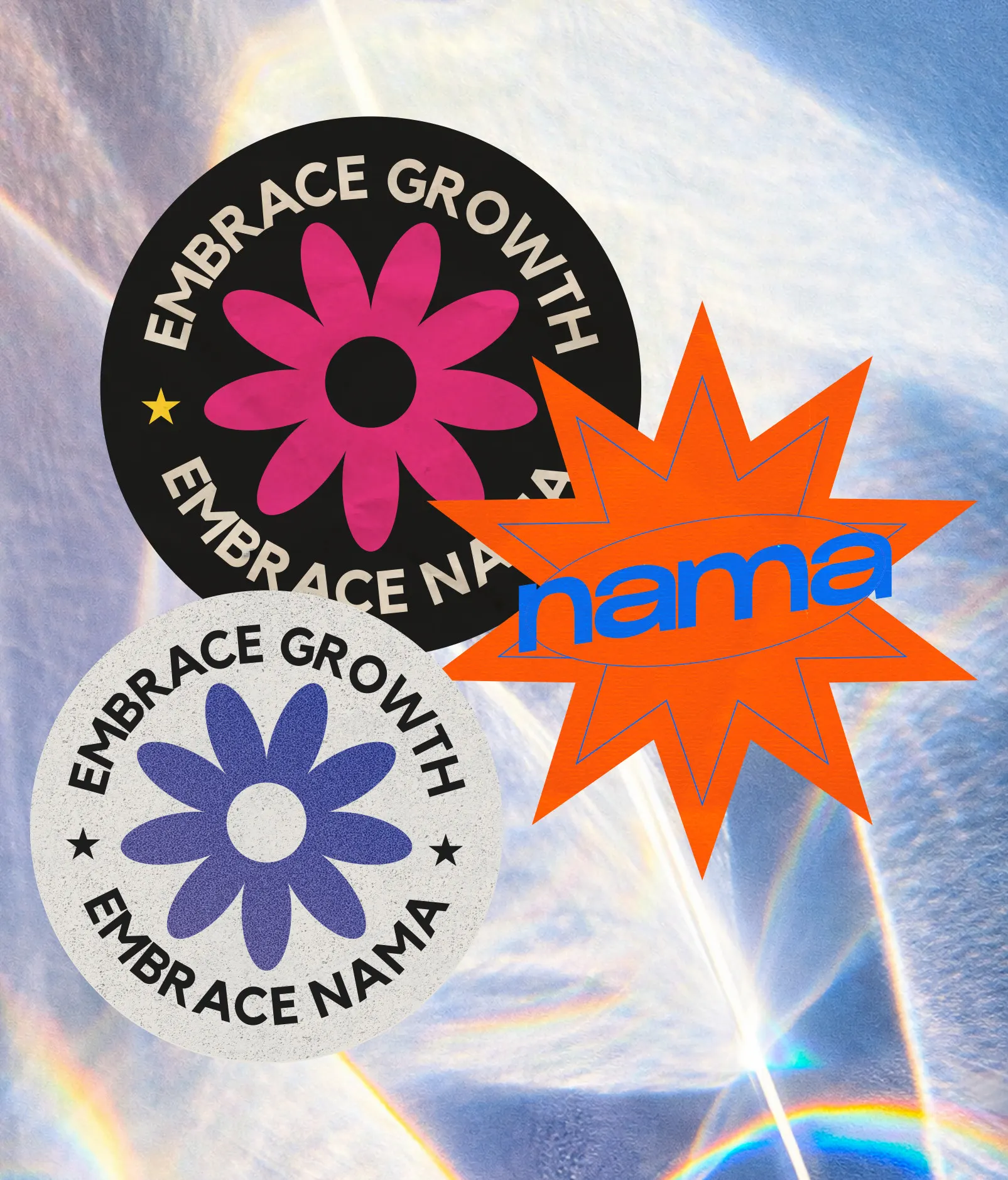 Embrace Nama badges and starburst stickers