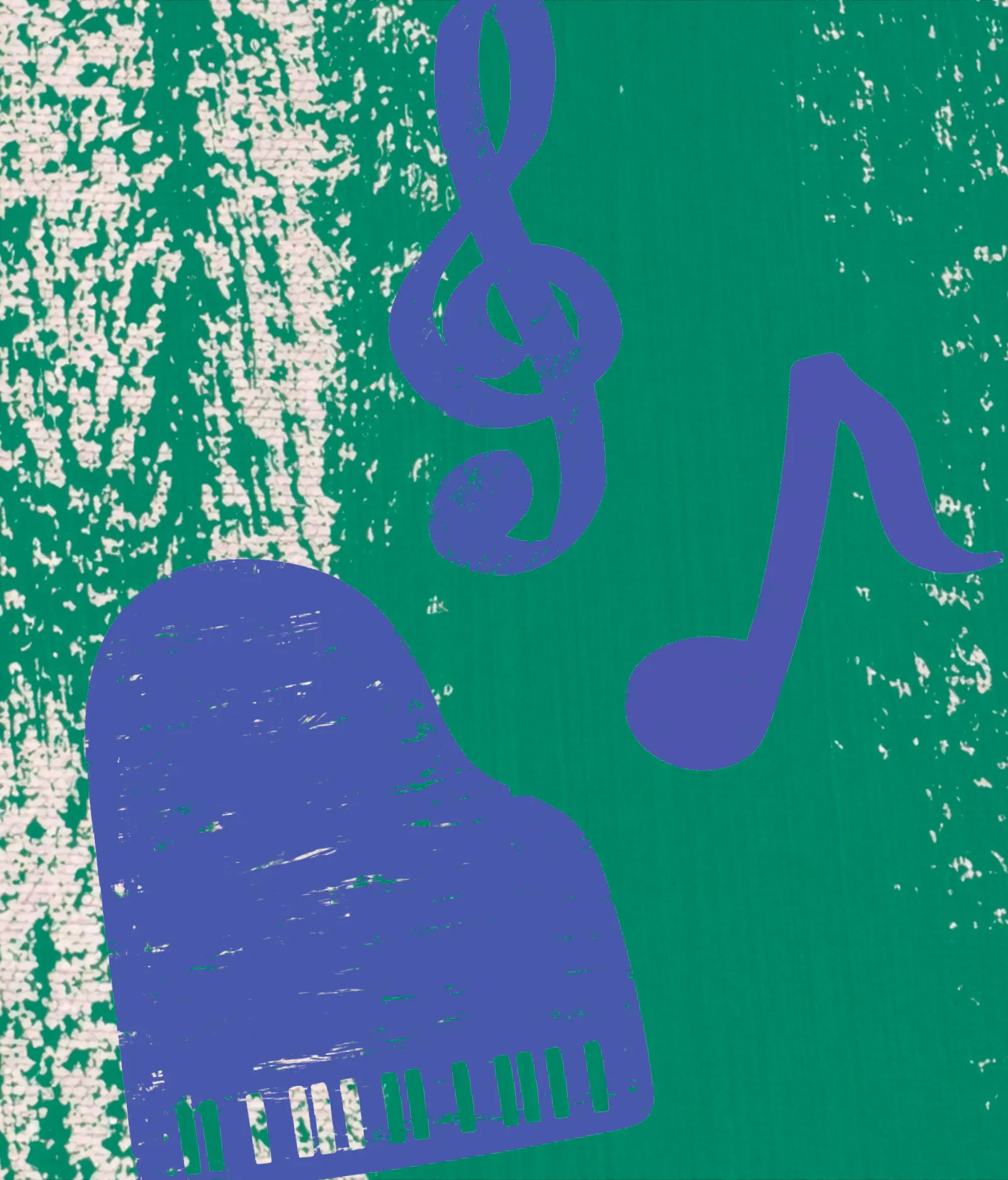A piano and music notes in violet on textured green