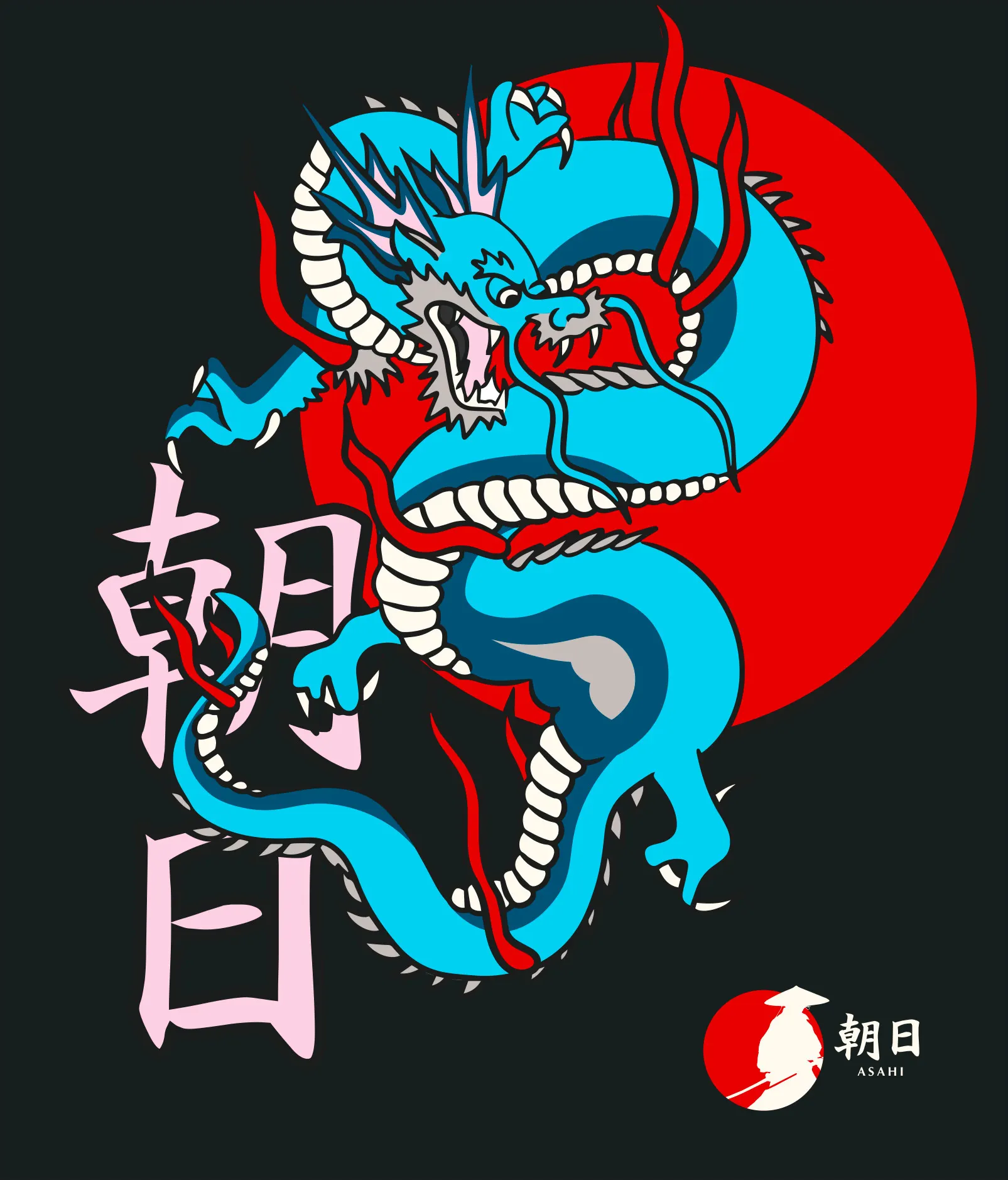 Asahi dragon illustration in blue and red