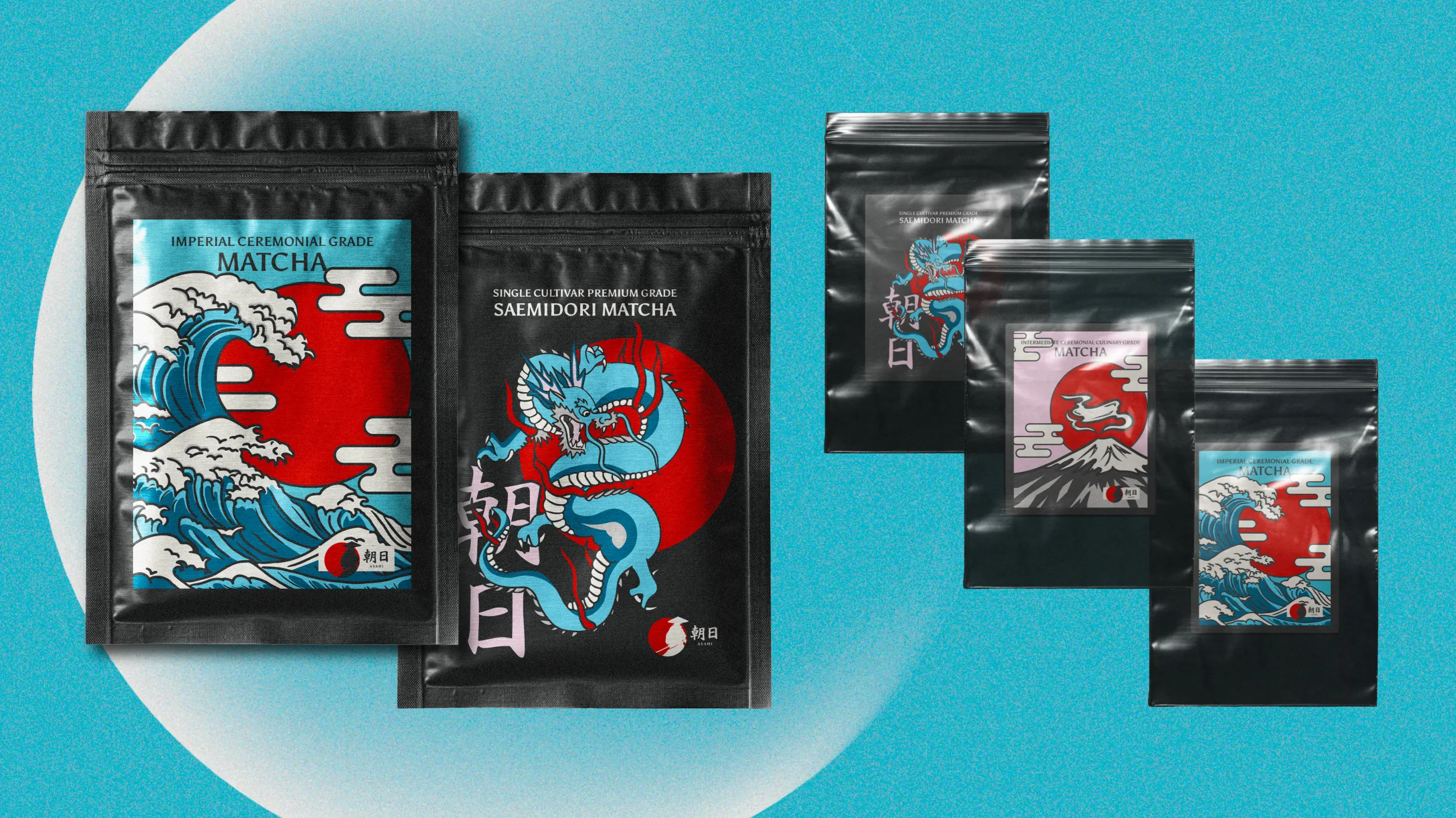 Asahi black pouches with wave, dragon and sun stickers on blue