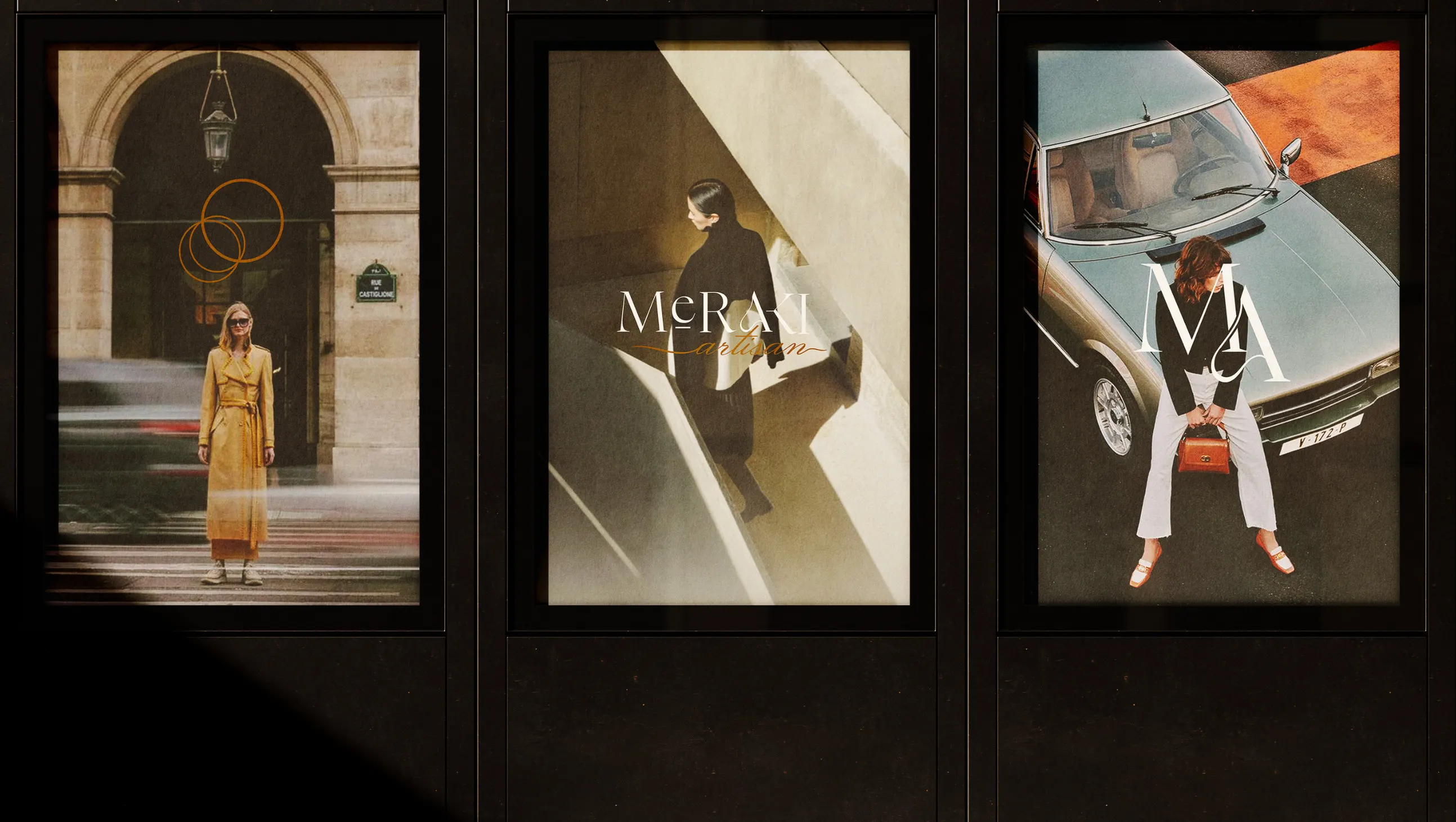 Three Meraki campaign posters in dark frames