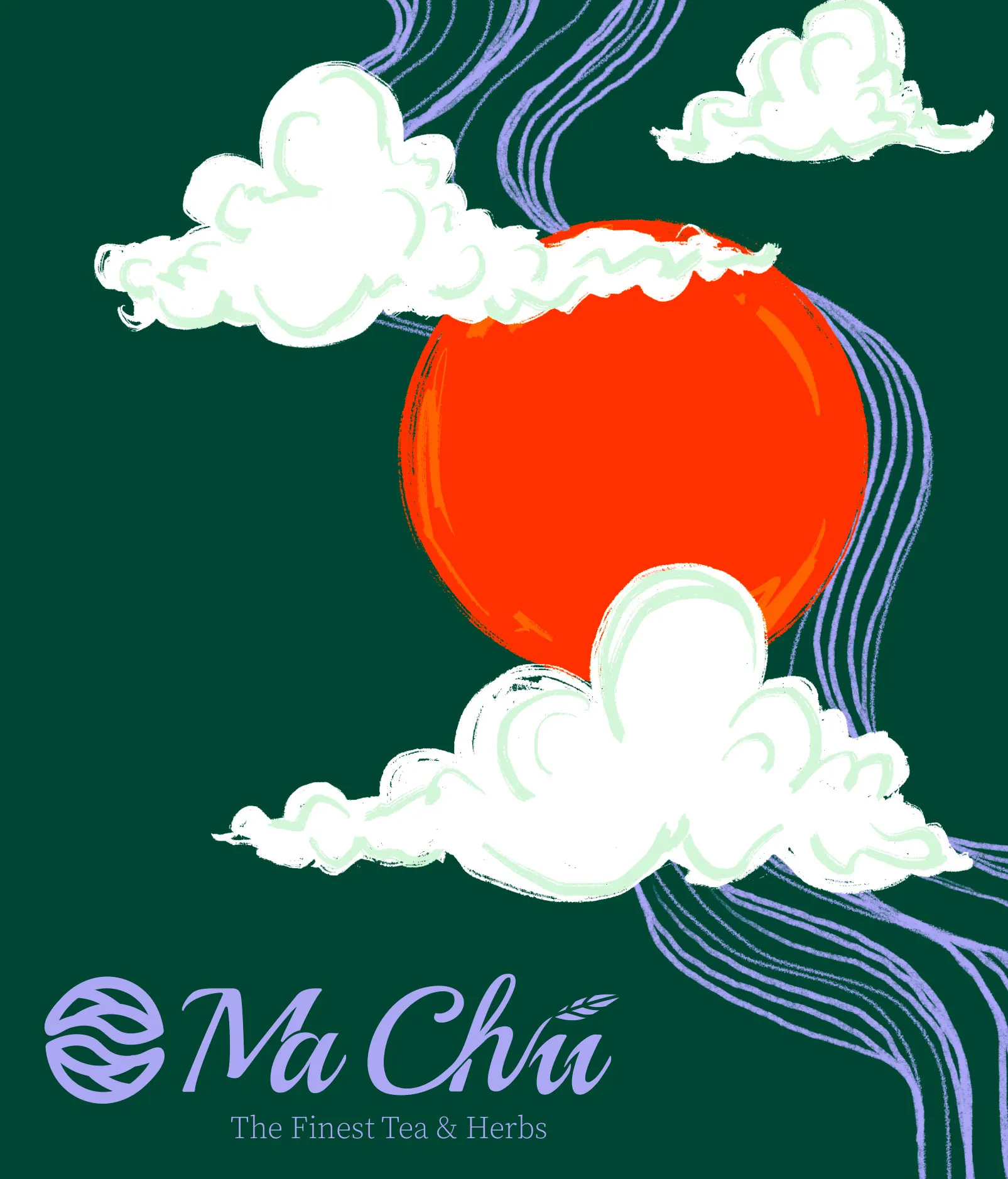 Clouds and a red sun over deep green with the Mi Chá logo