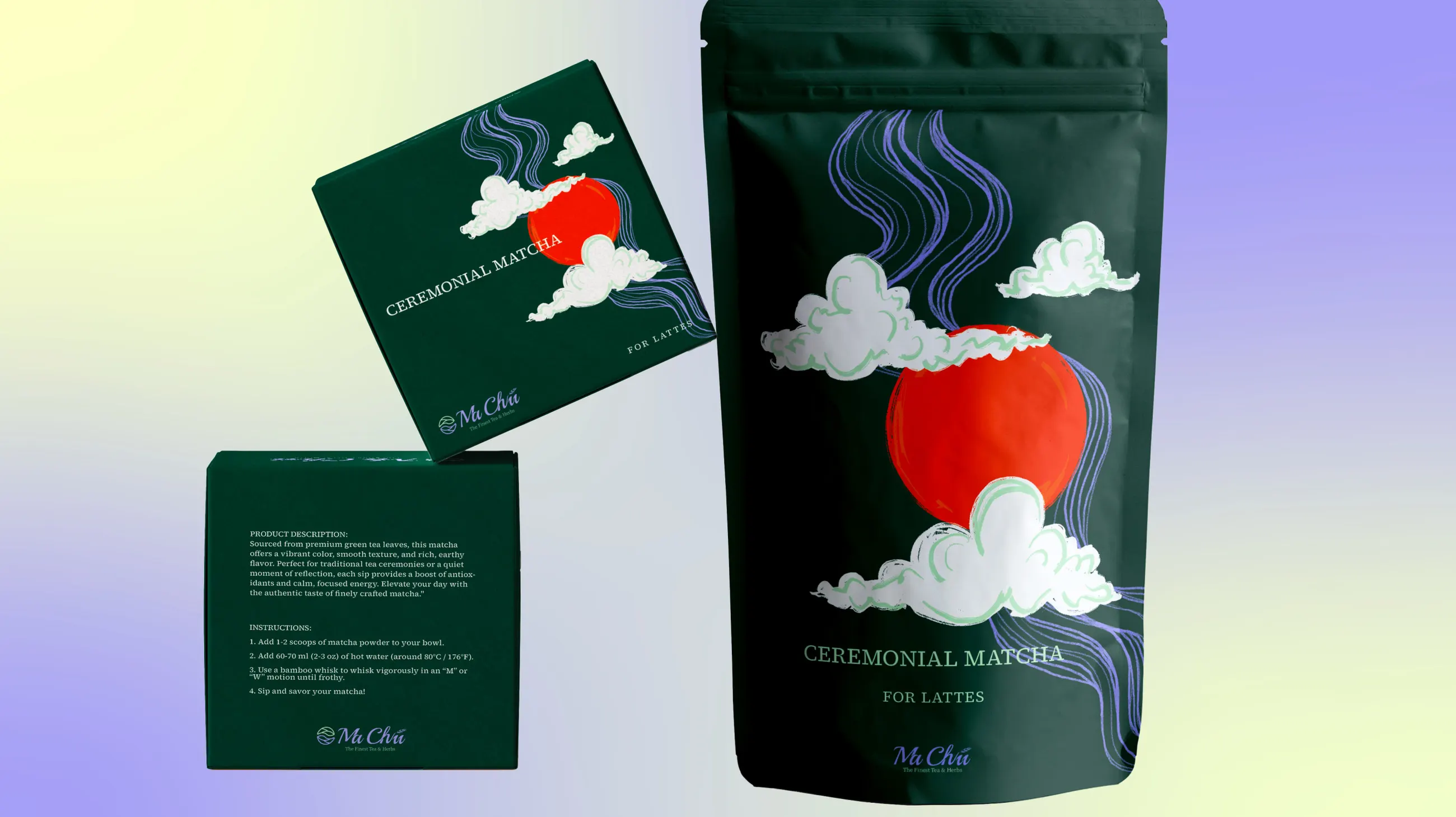 Ceremonial matcha pouch and boxes in deep green with cloud illustrations