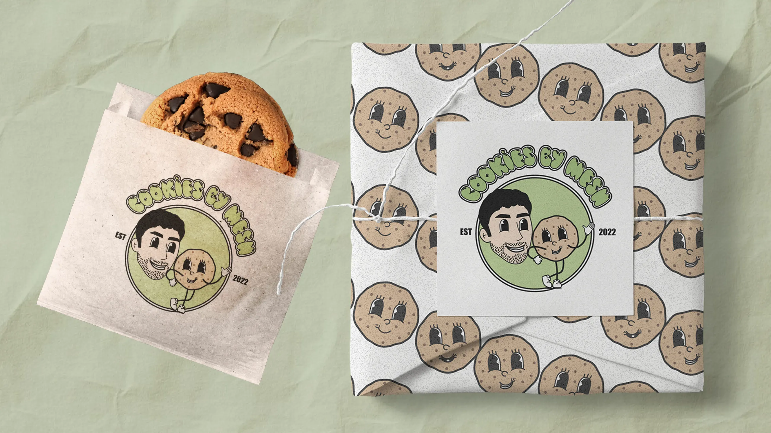 Cookies by Mesh paper bag and patterned wrapping on sage paper