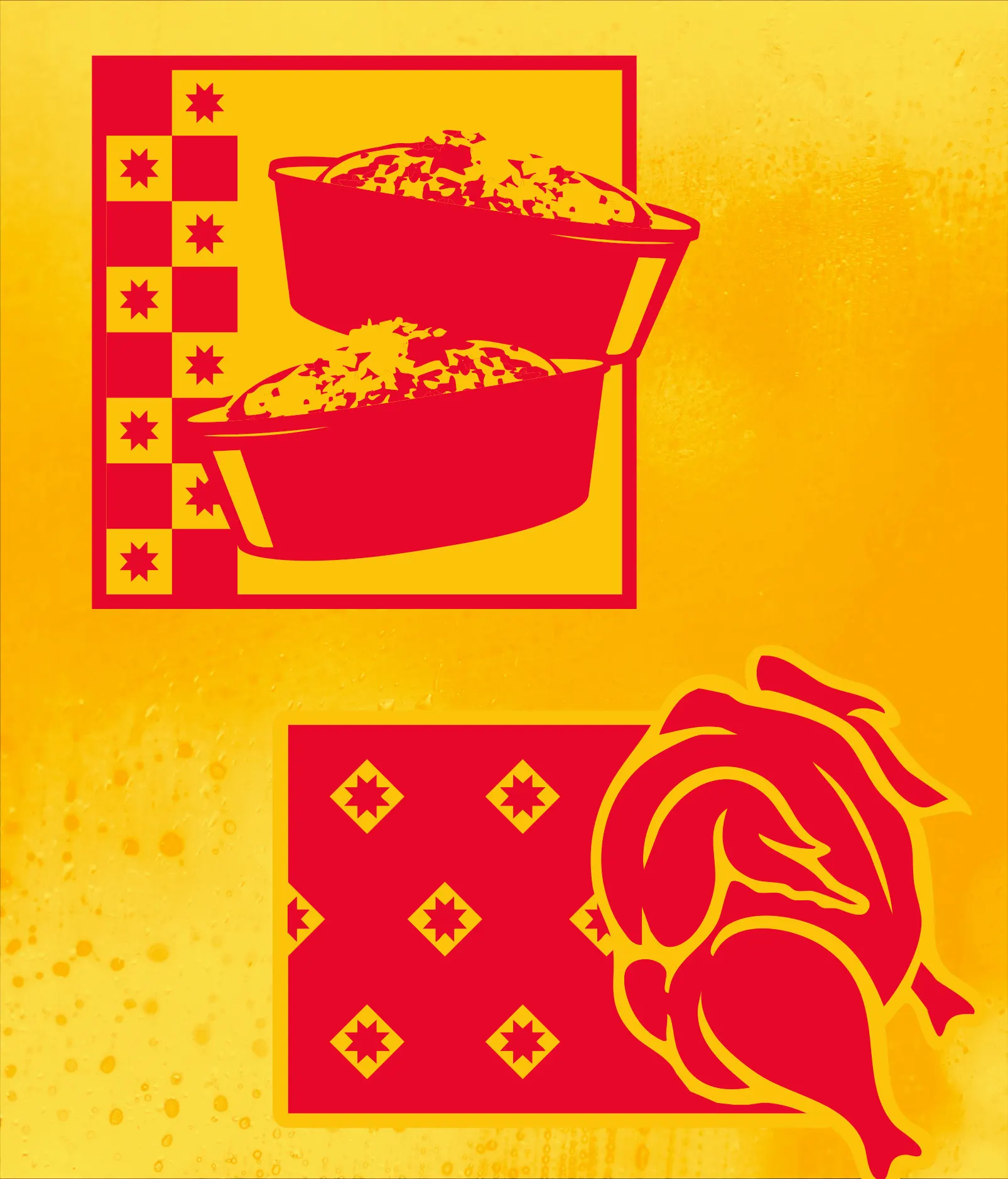 Yellow storefront sticker with dishes and a rooster in red