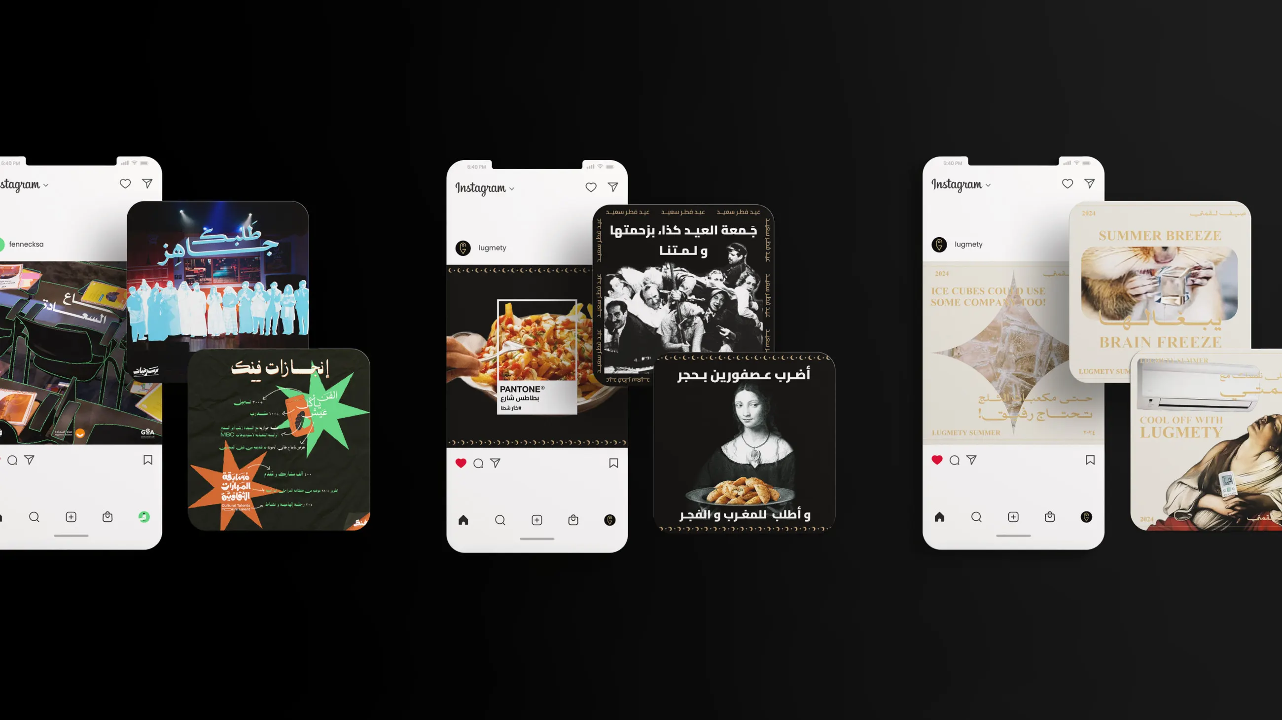 Three Instagram profile grids with post designs for different brands