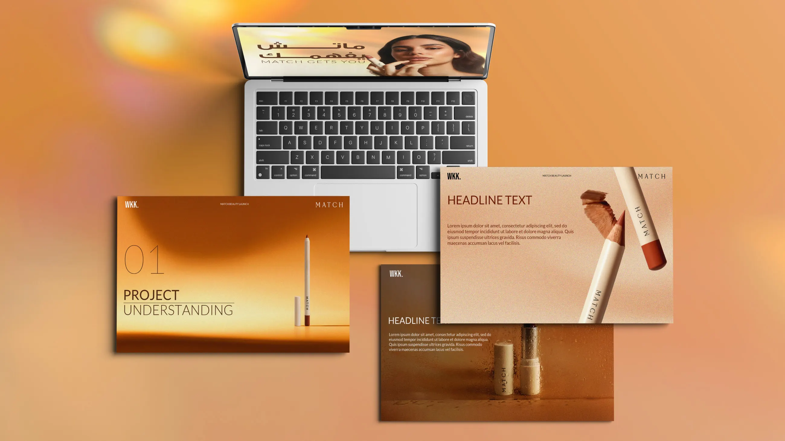 Match Beauty proposal slides around a laptop on a warm orange background