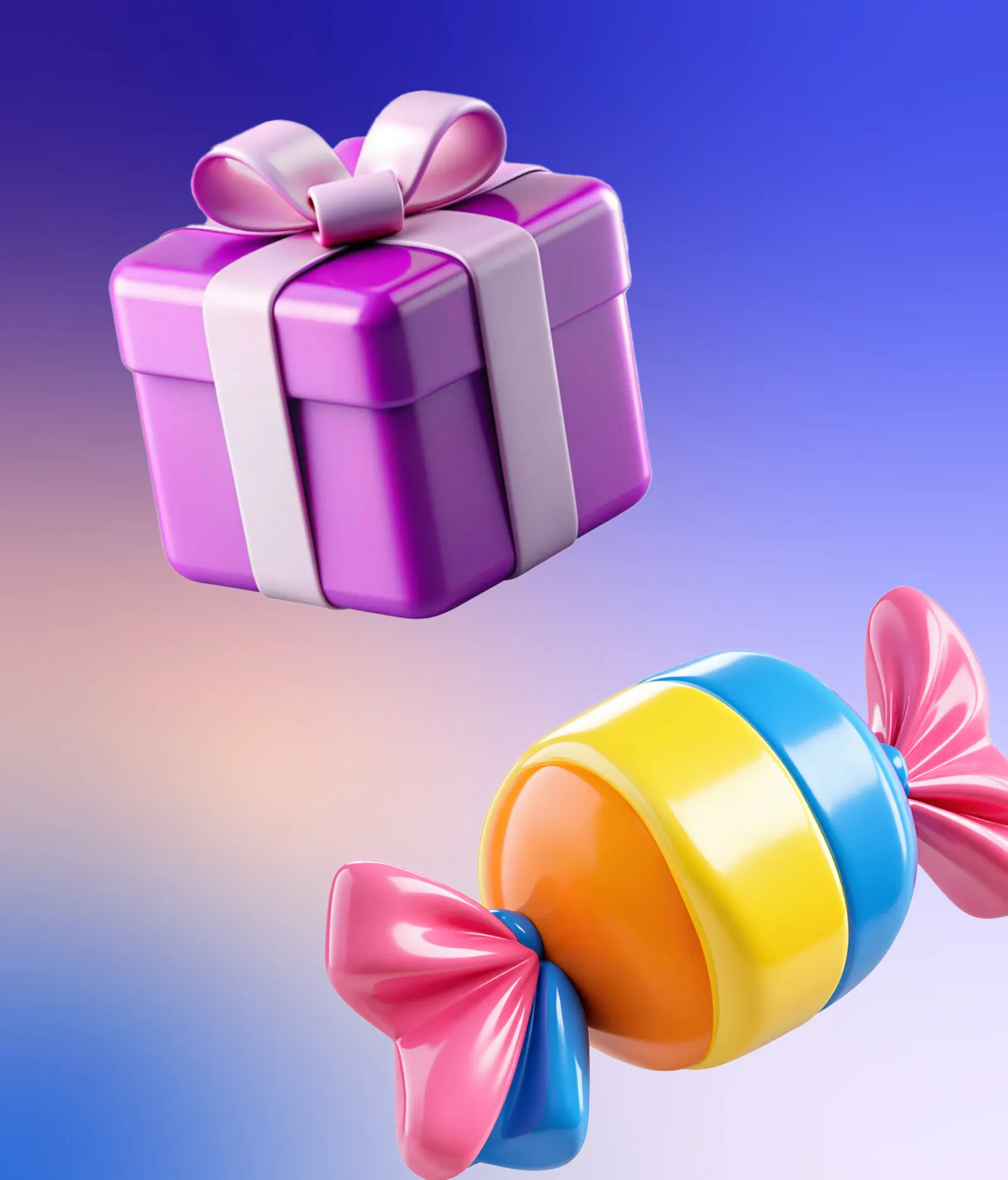 A glossy purple gift box and a striped candy
